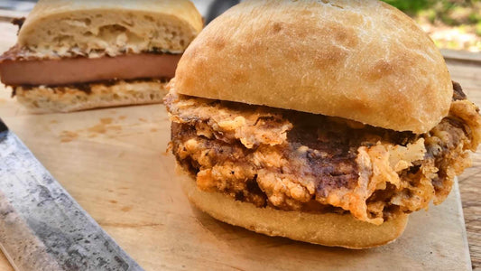 BBQ Chicken Fried Bologna Burgers