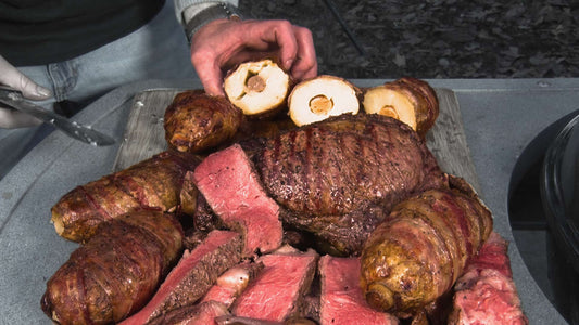 RIB STEAKS AND BACON POTATO BOMBS